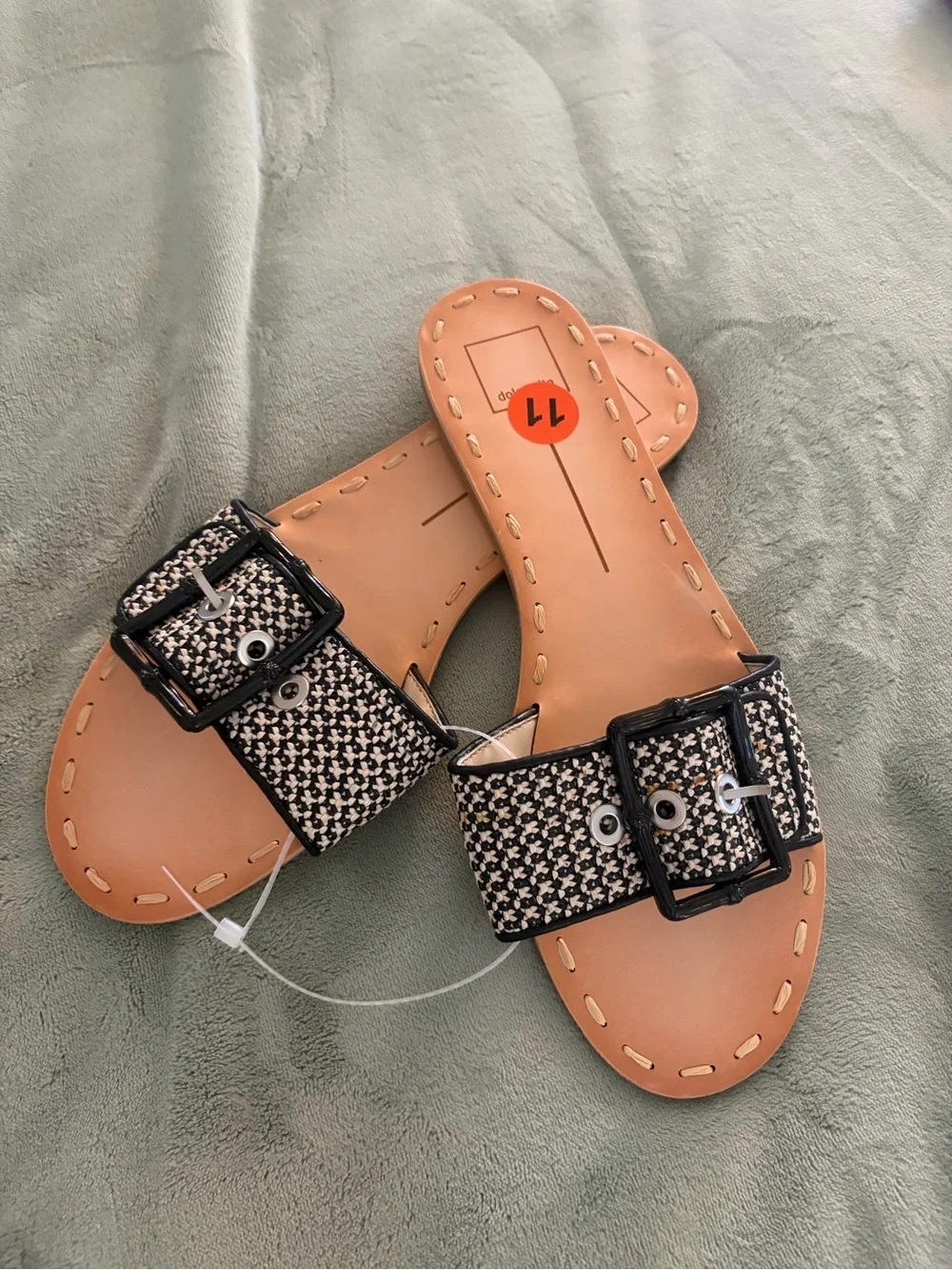 Dolce Vita Black and White Woven Buckle Slide Sandals with Tan Footbed